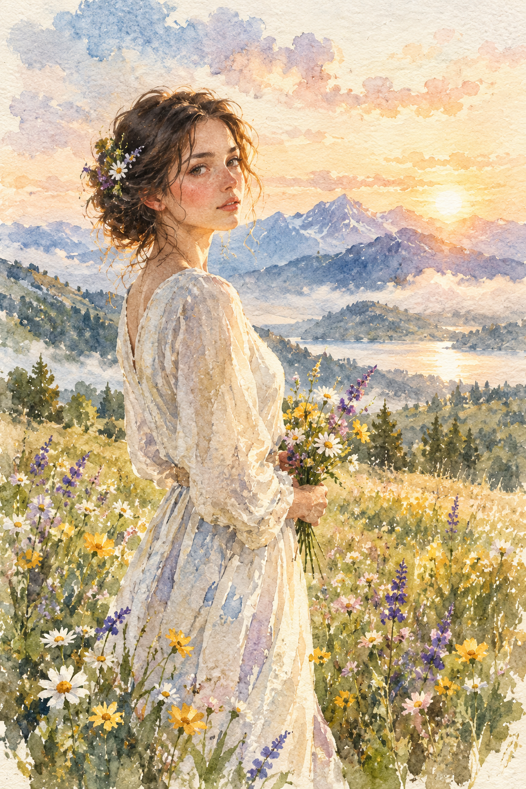 Watercolor portrait among flowers, an example of a visual style in Stellar